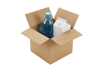 Isolated water bottle and milk carton in a cardboard box, supplies for shipping or delivery