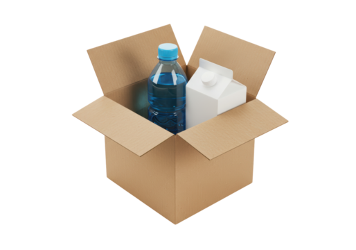 Isolated water bottle and milk carton in a cardboard box, supplies for shipping or delivery