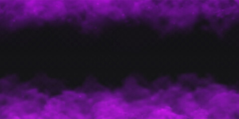 Obraz premium Purple Fog effect on the upper and lower border on transparent dark background. Vector smoke cloud.