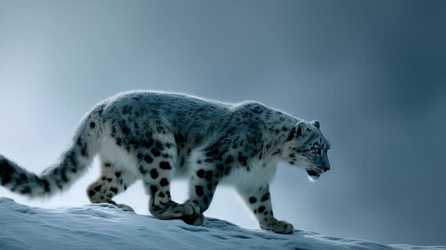 Snow leopard walks icy mountain ridge, fur dusted with snow, predator posture and careful paw step illustrate wildlife survival in winter landscape under soft cold light conveying solitude strength