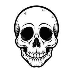 Fototapeta premium A human skull with crossbones on a black background is a symbol of death and danger, often used as a horror tattoo or pirate icon
