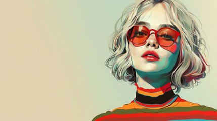 Stylized illustration of a woman with light hair, wearing red sunglasses.