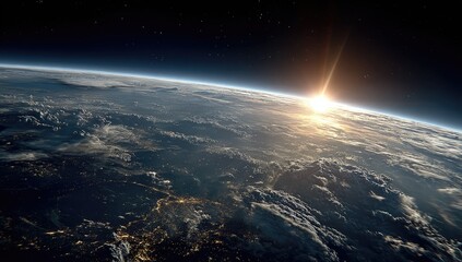 Fototapeta premium Earth rising, sunrise from space. Vast expanse of planet, clouds, and sunrise