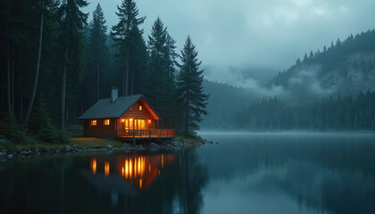 Cozy wooden cabin nestled by serene lake in dense forest. Warm lights glow from windows creating inviting atmosphere. Tall pine trees surround tranquil waterfront. Misty mountains form majestic