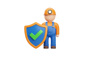 Isolated constructor in overalls with shield displaying green check mark, security symbol