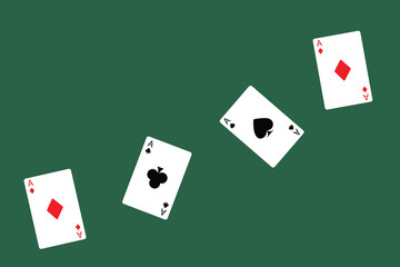 Four aces of playing cards on green background. Vector.