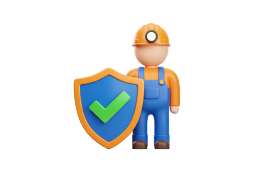 Isolated constructor in overalls with shield displaying green check mark, security symbol