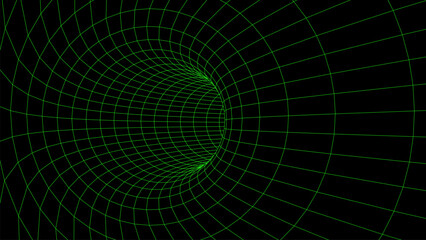 Naklejka premium Abstract wireframe green tunnel. Vector wormhole. 3D portal. Futuristic fantasy funnel.