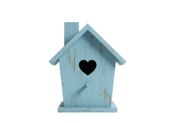 Isolated weathered turquoise birdhouse with heart design, rustic garden bird habitat