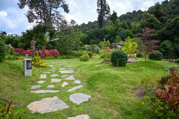 Obraz premium Scenic Landscape Pathway in a Lush Green Garden Surrounded by Colorful Blossoms and Foliage