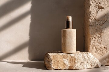 Elegant Natural Skincare Bottle on Textured Stone Surfaces with Soft Light and Shadow Play for Wellness Inspired Imagery