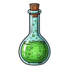 A bubbling green potion in a glass flask with a cork stopper, isolated on transparent background