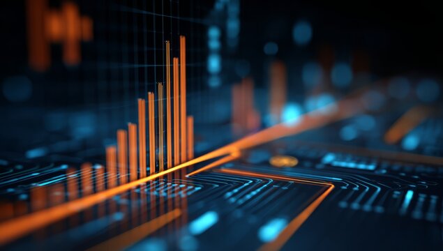 Futuristic Data Visualization with Bright Orange and Blue Graphs on Digital Interface