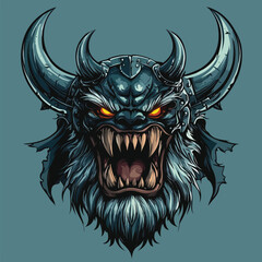 Fototapeta premium Blue Japanese Oni Demon Mask Illustration | Fierce Eastern Mythology Vector