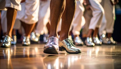 Feet of Dancers in Shiny Shoes Performing on a Polished Wooden Floor