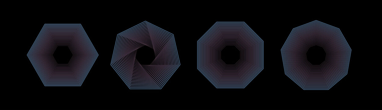 Vector set of twisted colors geometry figures. Spirals fractal element. Sacred geometry with lines and rounded corners in the form hexagon, heptagon, octagon, nonagon.
