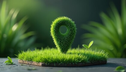 Green grass location pin eco-friendly navigation, sustainable travel. Symbol represents growing awareness of environmental responsibility in modern mapping, geolocation systems. Organic design
