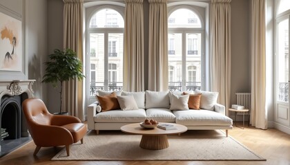Modern Parisian apartment living room features white sectional sofa, plush throw pillows, round wooden coffee table. Comfortable leather armchair sits near fireplace. Large windows with cream
