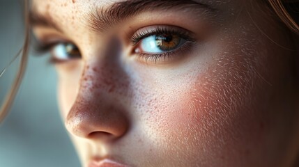 Obraz premium Close up of woman's face with freckles. Group of girls are eating peaches. Close up of a woman with a blond hair and a fuzz. A woman's freckled face is lifestyle shown in close-up.