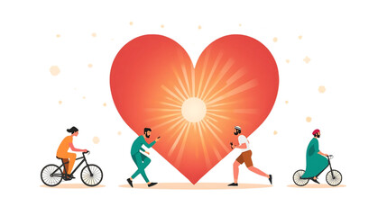 World Heart Day – Diverse People Cycling and Running Around a Heart Symbolg
