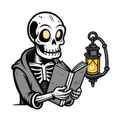 Spooky Skeleton Reading a Glowing Book Under Lantern, Halloween Vector Illustration, Creepy Night, Magical Study, Mystical Horror Artwork