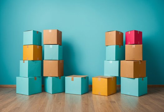 Neatly Stacked Colorful Cardboard Boxes in spirals Shape under Soft cyan Light - Powered by Adobe