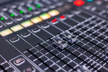 Mixer. Professional audio and sound mixer control panel with buttons and sliders. Concert sound control panel.