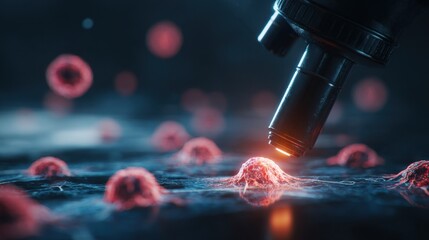 A microscopic view reveals red cells illuminated by a microscope, highlighting the intricate details of cellular structures.