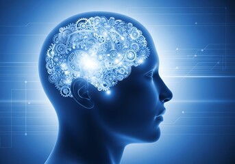 Obraz premium A profile view of a detailed human head, showcasing intricate gears within the brain, set against a backdrop of abstract blue lines and lights, conveying a concept of complex thought processes and...