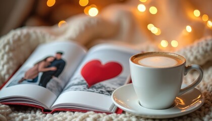 Cozy scene featuring open photo book with couple image, red heart, next to steaming cup of coffee on blanket. Warm bokeh lights create intimate, romantic atmosphere. Perfect for Valentine Day,