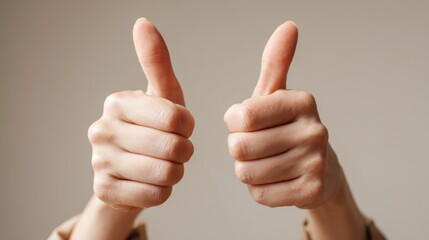 Two hands giving a thumbs-up gesture, symbolizing approval and positivity, set against a neutral background.