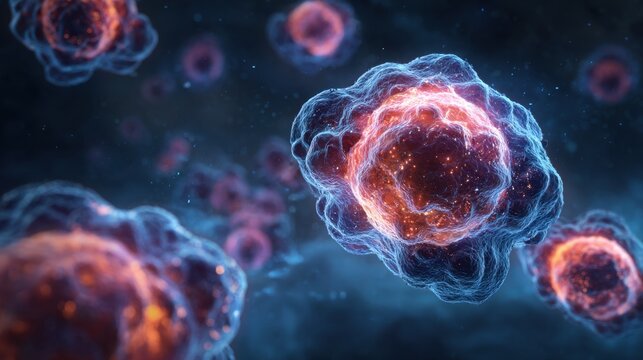 A vibrant depiction of abstract cells, showcasing intricate details and glowing elements in a dark background, representing biological systems. - Powered by Adobe