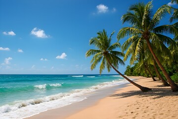 Obraz premium Hot Beach Atmosphere in the Afternoon with Coconut Trees on the Side