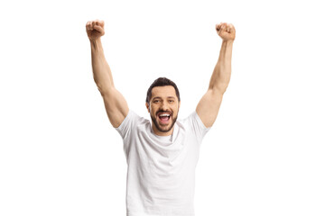 Fototapeta premium Man in white t-shirt gesturing happiness with raised arms