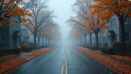 Misty autumn morning in New England town street. Houses line road with fallen orange leaves. Foggy atmosphere creates serene, quiet, charming village scene with trees.