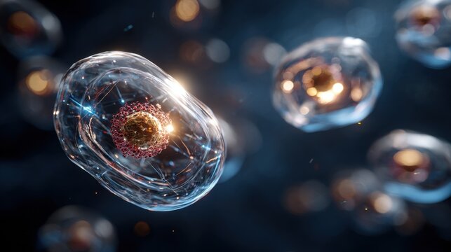 A visually stunning depiction of cellular structures, showcasing intricate details and vibrant colors against a dark background.