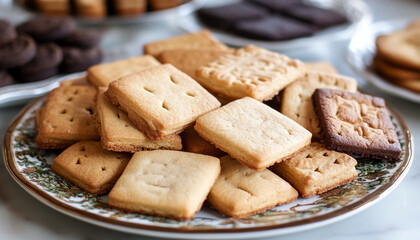 Square cookies are neatly arranged on a decorate