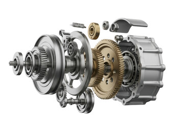 Detailed exploded view of complex automotive gearbox mechanism components transparent background