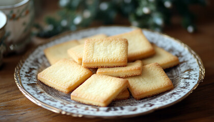 Square cookies are neatly arranged on a decorate