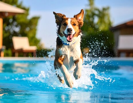 Happy Dog Leaping into Backyard Pool - Powered by Adobe