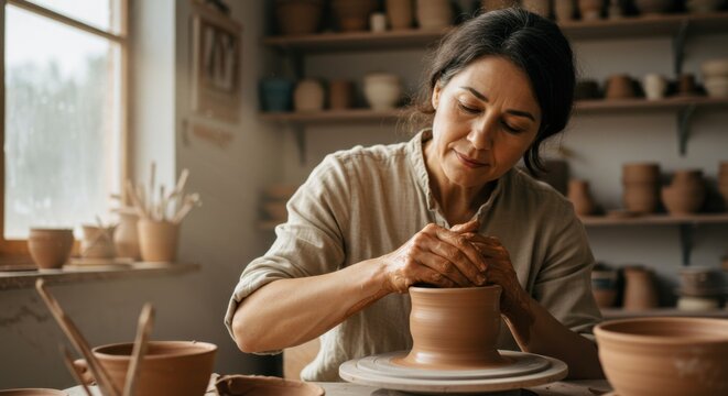 Dedicated female artist shaping a clay vessel on a potter's wheel, embodying the timeless craft of ceramics in her creative workshop