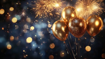 Golden balloons with fireworks. Years of gold and new. Fireworks and balloons at the 2025 celebration. Fireworks with golden lifestyle balloons.