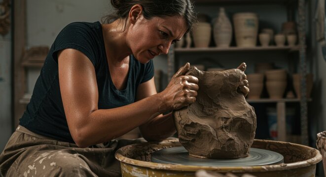 Woman at a pottery wheel creating a ceramic vase in a pottery studio environment