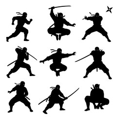 Dynamic Ninja Silhouette Collection With Swords, Stance, and Action Poses for Martial Arts Media