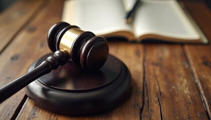 Obraz premium Judge gavel resting on wooden table next to open law book. Symbol of justice, legal system, court proceedings, and law enforcement. Represents fairness, order, and jurisprudence.