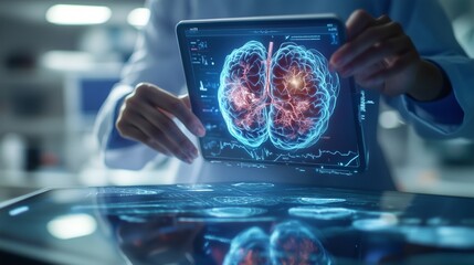 Doctor holding tablet with human body. Holographic projection of a healthcare professional tablet. Human internal anatomy model. A physician carrying a tablet displaying a human figure lifestyle.