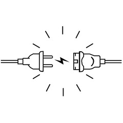 This is a pixel design illustrating a plug and socket symbolizing a broken electric circuit, current disconnection, and power interruption in a simple, minimal style.