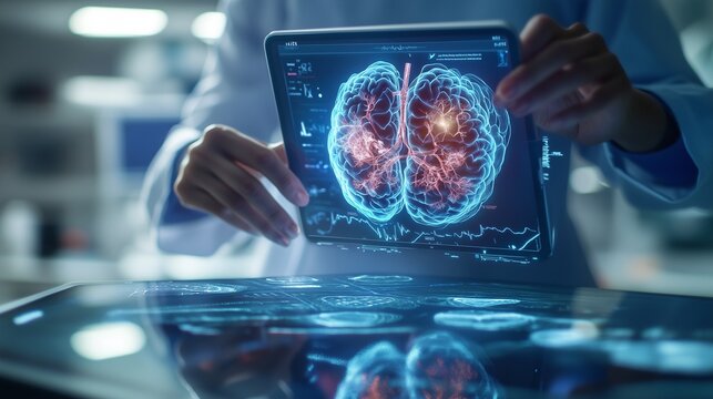 Doctor holding tablet with human body. Holographic projection of a healthcare professional tablet. Human internal anatomy model. A physician carrying a tablet displaying a human figure lifestyle.