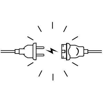 This is a pixel design illustrating a plug and socket symbolizing a broken electric circuit, current disconnection, and power interruption in a simple, minimal style.