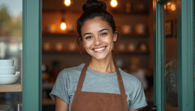 Latin American waitress happily opens coffee shop doors, greeting customers with warm smile. Owner, embodying entrepreneurial spirit, excellent service in small business cafe. Young adult - Powered by Adobe